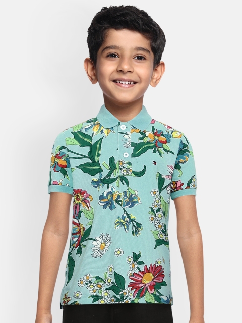 

Tommy Hilfiger Boys Turquoise Blue Floral Printed Polo Collar Organic Cotton T-shirt