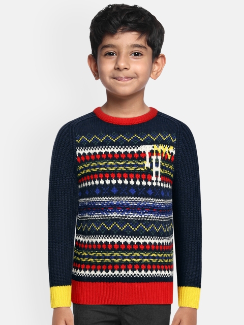 

Tommy Hilfiger Boys Navy Blue & Red Self-Striped Embroidered Pullover