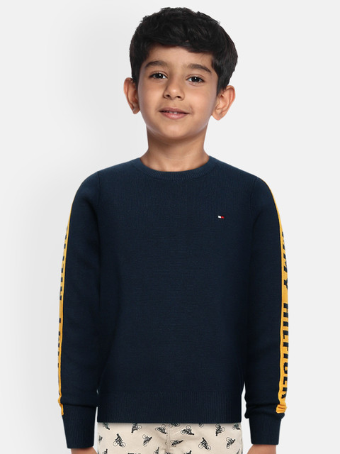 

Tommy Hilfiger Boys Navy Blue & Yellow Typography Pure Cotton Pullover