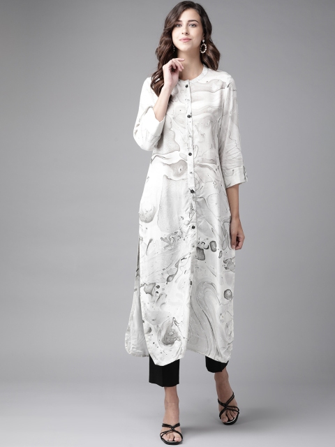 

Amirah s Women Off White & Grey Printed Straight Kurta