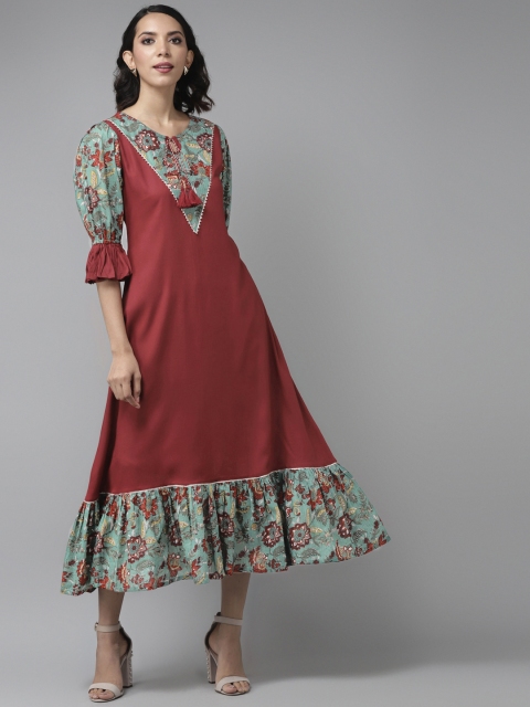 

Amirah s Maroon & Green Ethnic Motifs Ethnic A-Line Midi Dress