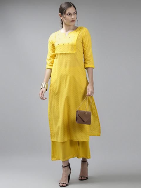 

Amirah s Women Yellow Ethnic Motifs Printed Pure Cotton Kurta with Palazzos