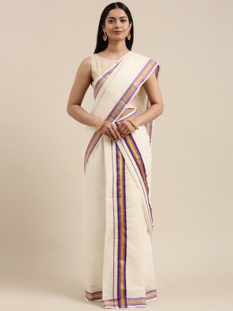 

KALINI Off White & Purple Zari Kasavu Mundu Saree