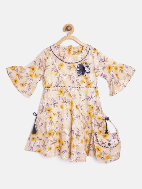 

Bella Moda Girls Peach-Coloured & Mustard Yellow Floral Print Fit & Flare Dress