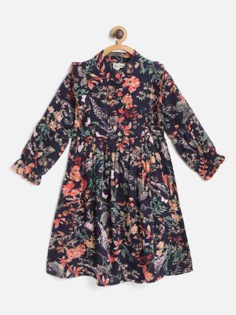 

Bella Moda Girls Navy Blue & Pink Floral Print Fit & Flare Dress