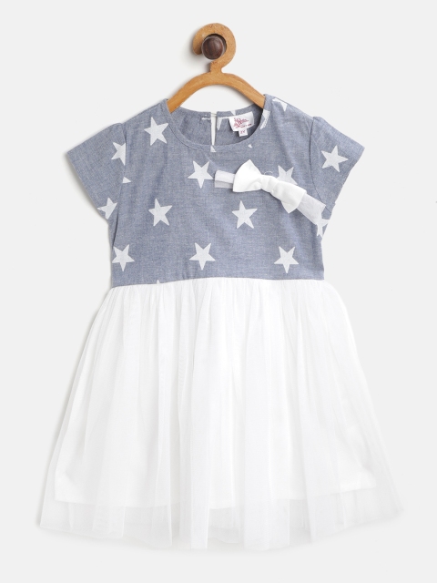 

Bella Moda Girls White & Blue Cotton Star Print Net Fit & Flare Dress