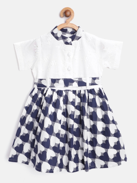 

Bella Moda Girls White & Navy Blue Heart Print Fit & Flare Dress with Belt