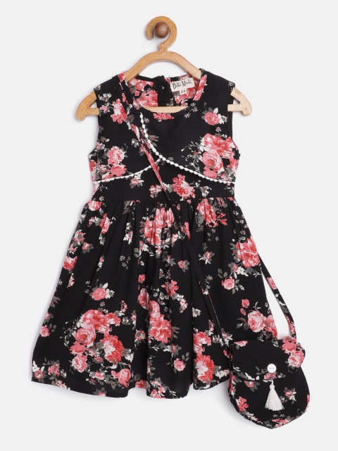 

Bella Moda Girls Black & Pink Floral Print Dress with Sling Bag