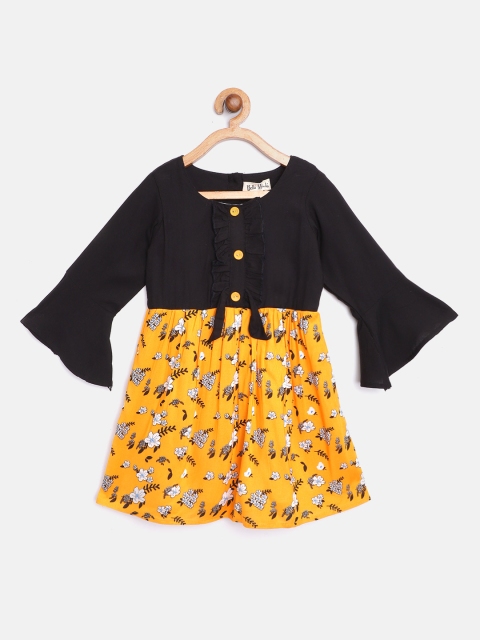 

Bella Moda Girls Mustard Yellow & Black Floral Print Fit & Flare Dress