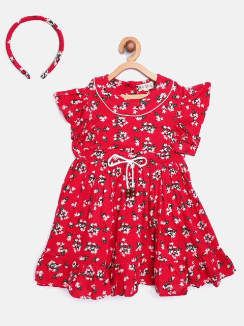 

Bella Moda Girls Red & White Floral Print Fit & Flare Dress with Hairband