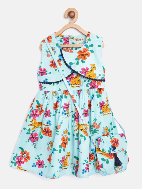 

Bella Moda Girls Blue & Pink Floral Print Layered Fit & Flare Dress with Sling Bag