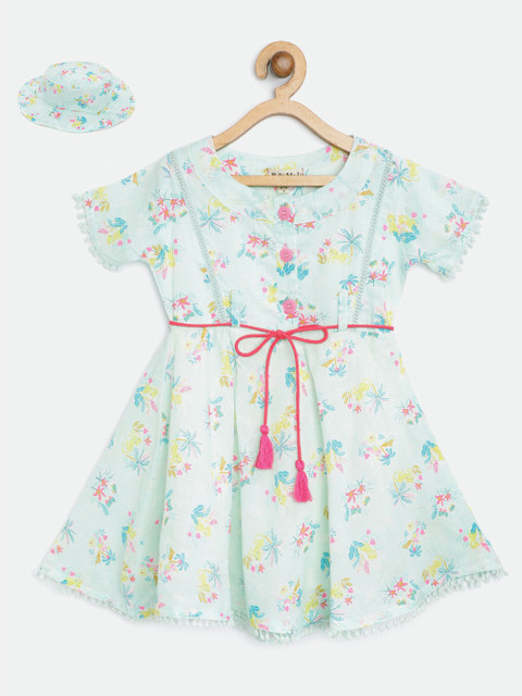 

Bella Moda Girls Green & Pink Floral Print Fit & Flare Dress with Hat
