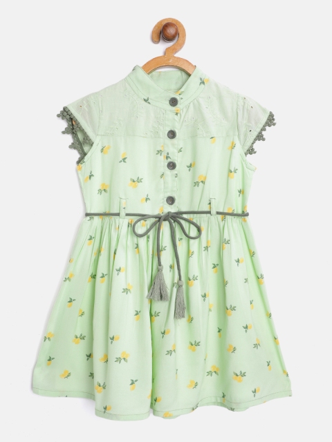 

Bella Moda Girls Green & Yellow Mango Print Fit & Flare Dress with Belt