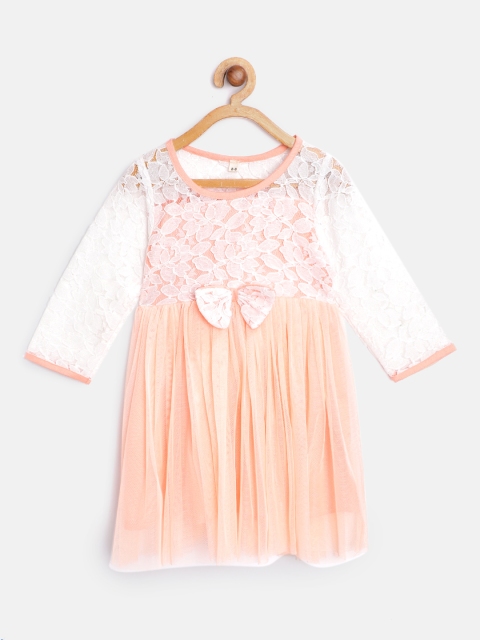 

Bella Moda Girls Peach-Coloured & White Lace Inserts Fit & Flare Dress