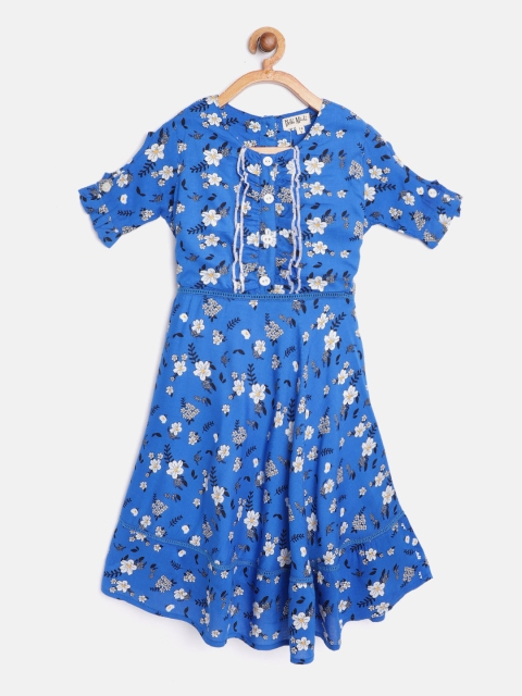 

Bella Moda Girls Blue & White Floral Print Cold Shoulder Fit & Flare Dress