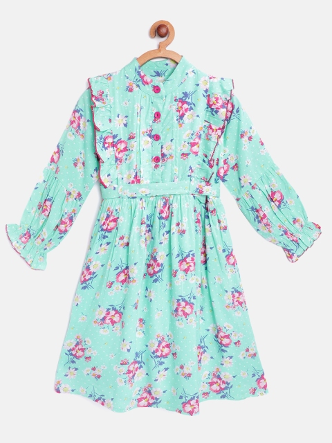 

Bella Moda Sea Green & Pink Floral Print Fit & Flare Dress with Belt