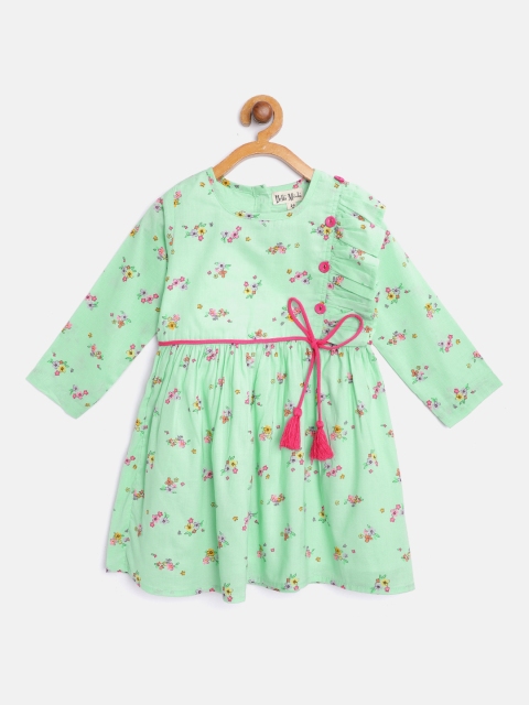 

Bella Moda Girls Green & Pink Floral Print Fit & Flare Dress with Ruffles
