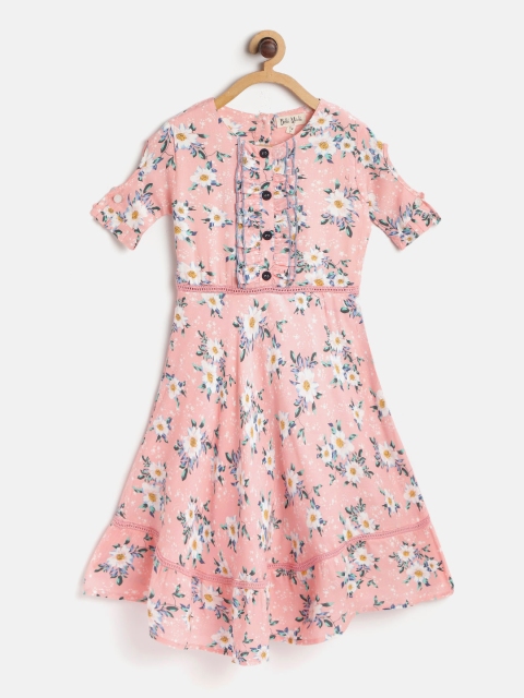 

Bella Moda Girls Peach-Coloured & White Floral Print Cold Shoulder Fit & Flare Dress