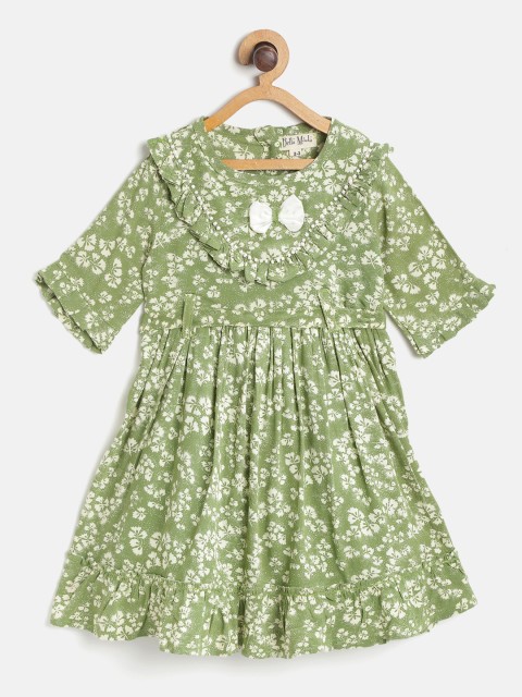 

Bella Moda Girls Green & Off White Floral Print Fit & Flare Dress with Belt