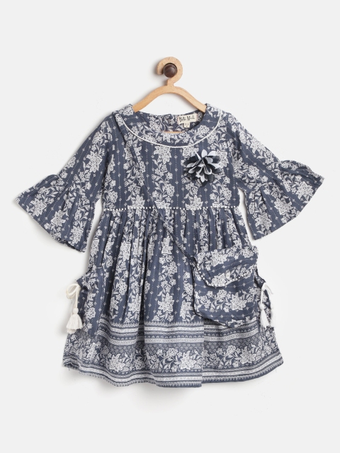 

Bella Moda Girls Blue & White Ethnic Motifs Print Fit & Flare Dress with Sling Bag