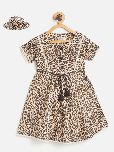 

Bella Moda Girls Beige & Black Leopard Print Fit & Flare Dress with Belt & Hat