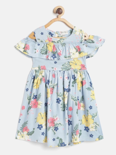 

Bella Moda Girls Blue & Yellow Floral Print Cold Shoulder Fit & Flare Dress
