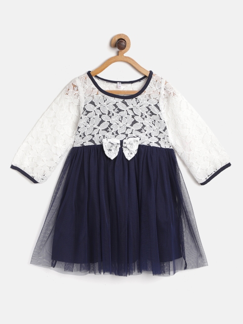 

Bella Moda Girls White & Navy Floral Lace Net Fit & Flare Dress with Bow Detail