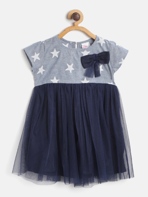 

Bella Moda Girls Navy & White Star Print Net Fit & Flare Dress with Bow Detail, Navy blue