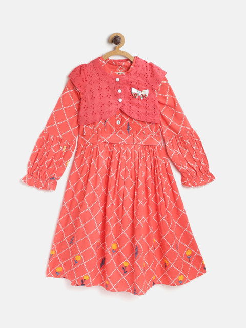 

Bella Moda Girls Pink & White Bandhani Print Fit & Flare Dress with Shrug & Belt