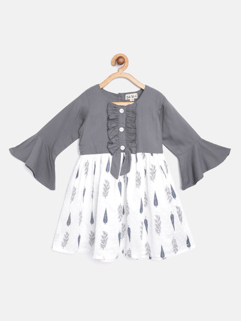 

Bella Moda Girls Charcoal Grey & White Leaf Print Fit & Flare Dress