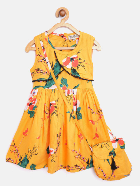 

Bella Moda Girls Mustard Yellow & Green Floral Layered Fit & Flare Dress with Sling Bag