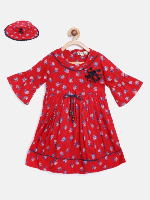 

Bella Moda Girls Red & Blue Ethnic Floral Print Fit & Flare Dress with Hat