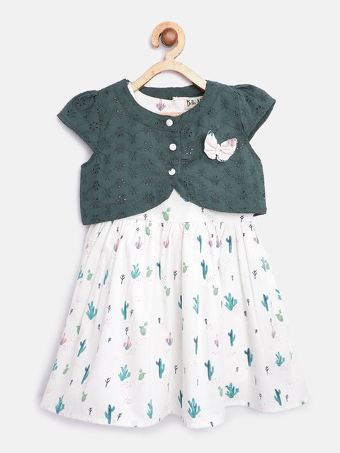 

Bella Moda Girls White & Green Cactus Print Fit & Flare Dress with Schiffli Shrug