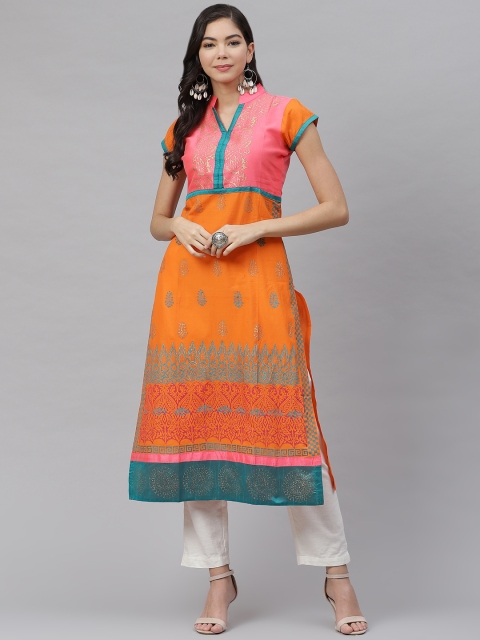 

MBE Women Orange & Pink Cotton Ethnic Block Print Straight Kurta