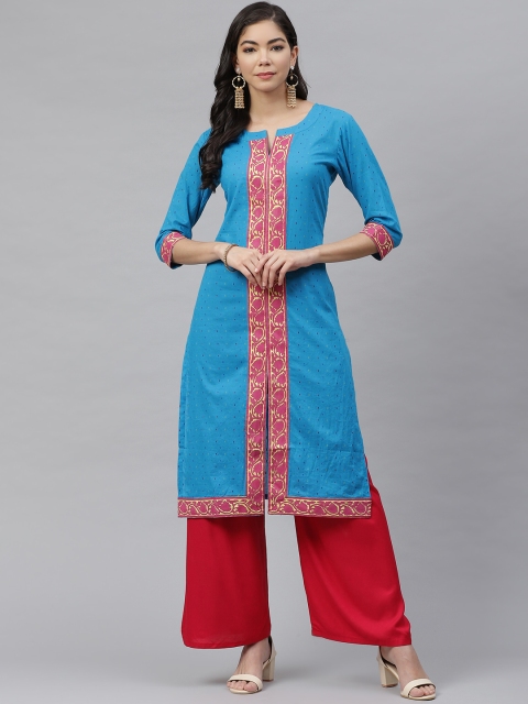 

MBE Women Blue Cotton Dobby Weave Straight Kurta