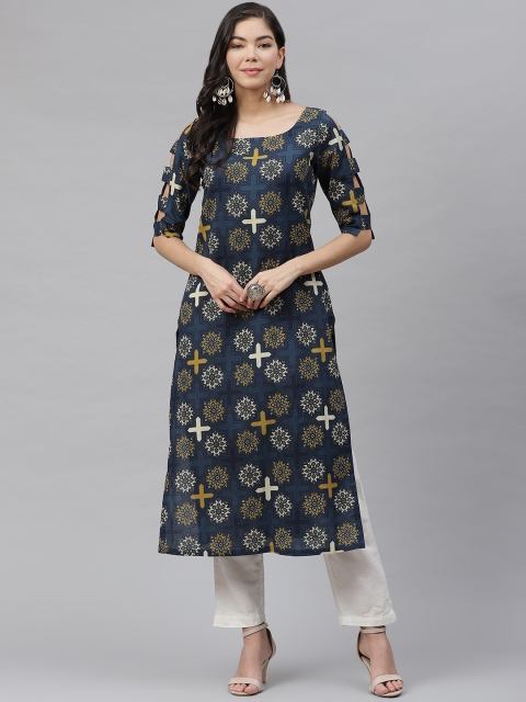 

MBE Women Navy Blue & Mustard Yellow Cotton Ethnic Printed Straight Kurta