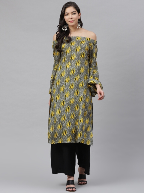 

MBE Women Grey & Mustard Yellow Floral Printed Off-Shoulder Bell Sleeves Floral Kurta