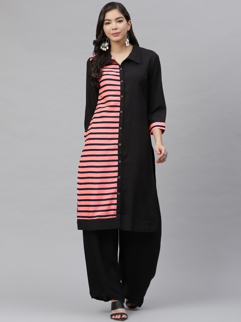 

MBE Women Black & Pink Colourblocked Crepe Kurta