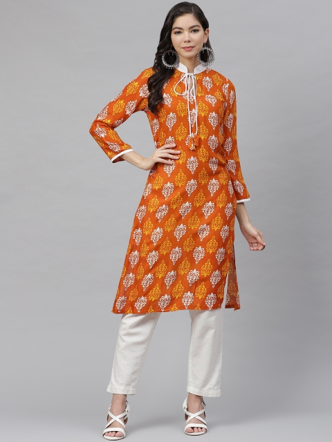 

MBE Women Mustard Brown & White Ethnic Motifs Printed Kurta