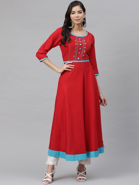 

MBE Women Red Geometric Yoke Design Mirror Work Crepe Anarkali Kurta