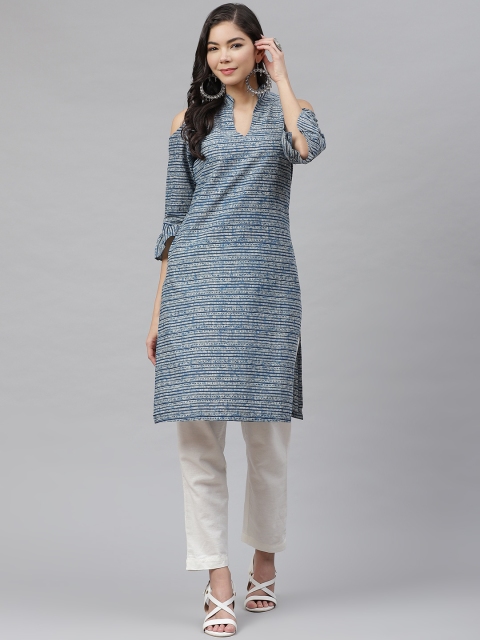 

MBE Women Blue & Off White Striped Cold-Shoulder Sleeves Indigo Kurta