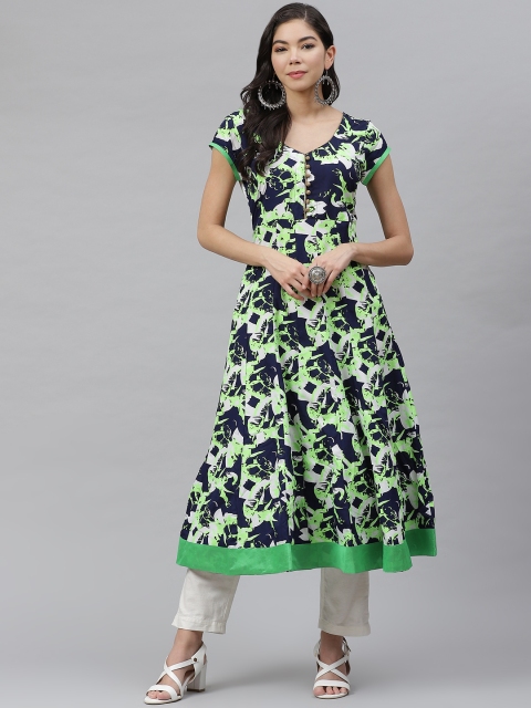 

MBE Women Green & Navy Blue Floral Printed Floral Crepe Anarkali Kurta