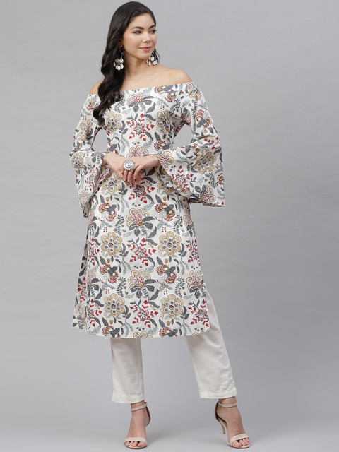 

MBE Women White & Grey Ethnic Motifs Printed Off-Shoulder Bell Sleeves Kurta