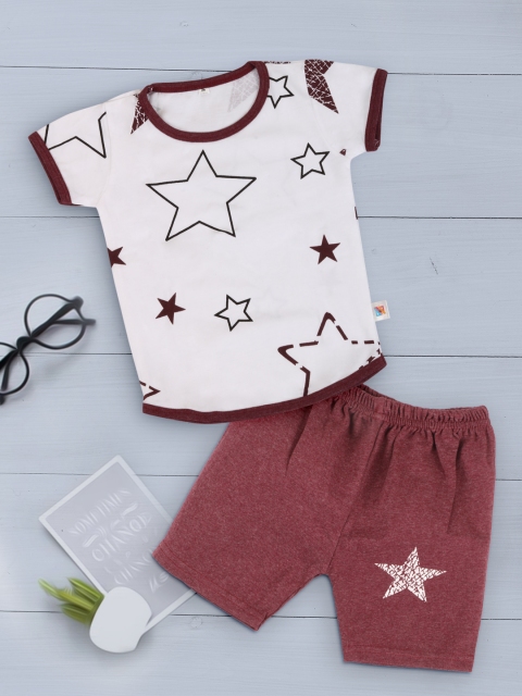 

Fashitale Unisex Kids White & Brown Printed Cotton Top with Shorts