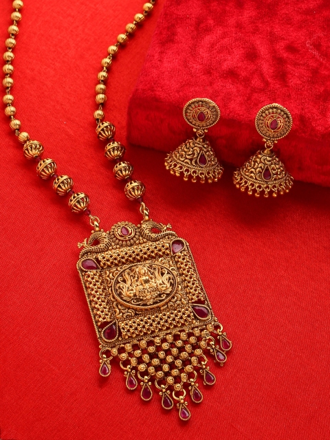 

THE AAB STUDIO Gold-Plated & Pink Stone-Studded Handcrafted Temple Jewellery Set