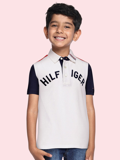 

Tommy Hilfiger Boys White & Red Printed Pure Cotton Polo Collar T-shirt
