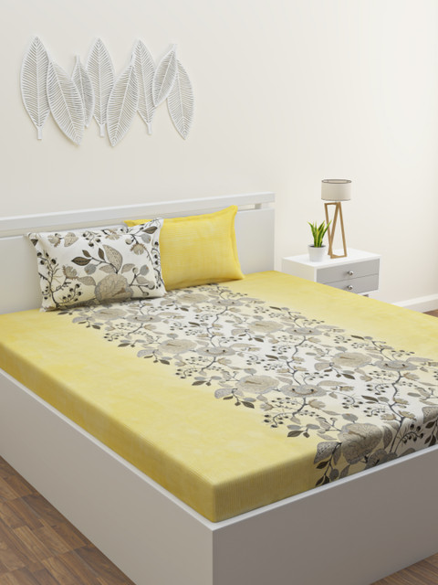 

HOME AFFAIRS Yellow & Grey Floral 220 TC King Bedsheet with 2 Pillow Covers