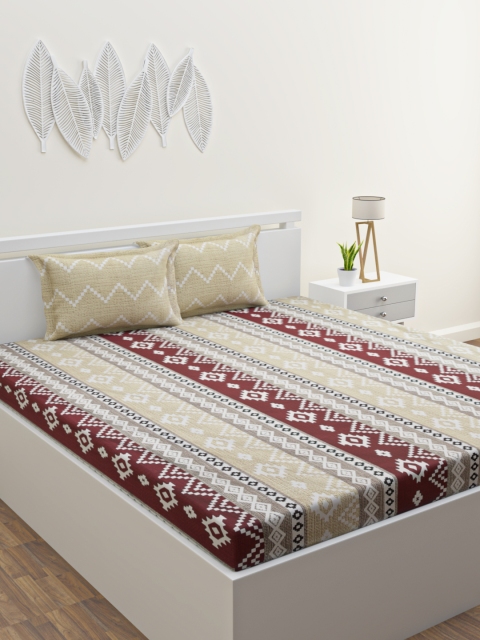

HOME AFFAIRS Cream & Maroon Geometric 180 TC King Bedsheet with 2 Pillow Covers