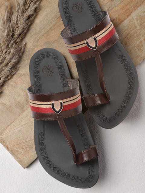 

House of Pataudi Men Coffee Brown & Beige Striped Ethnic One Toe Sandals