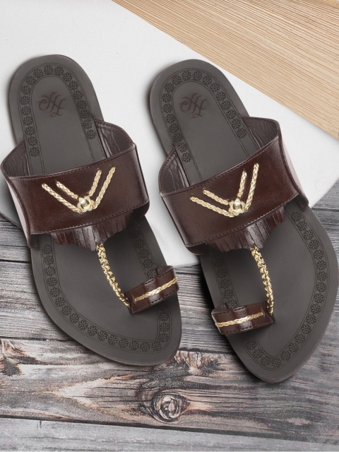 

House of Pataudi Men Coffee Brown & Gold-Toned Braided Detail Handcrafted One Toe Sandals